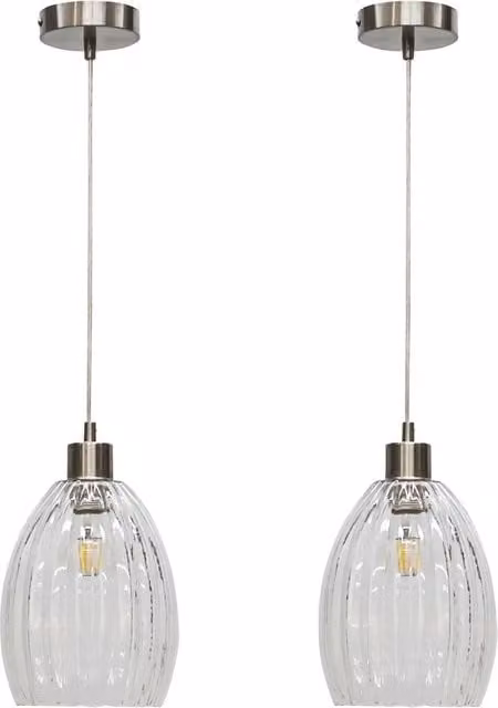 First Choice Lighting Birch Set of 2 Transparent Fluted Glass Pendant Lights with Silver Satin Nickel Fittings