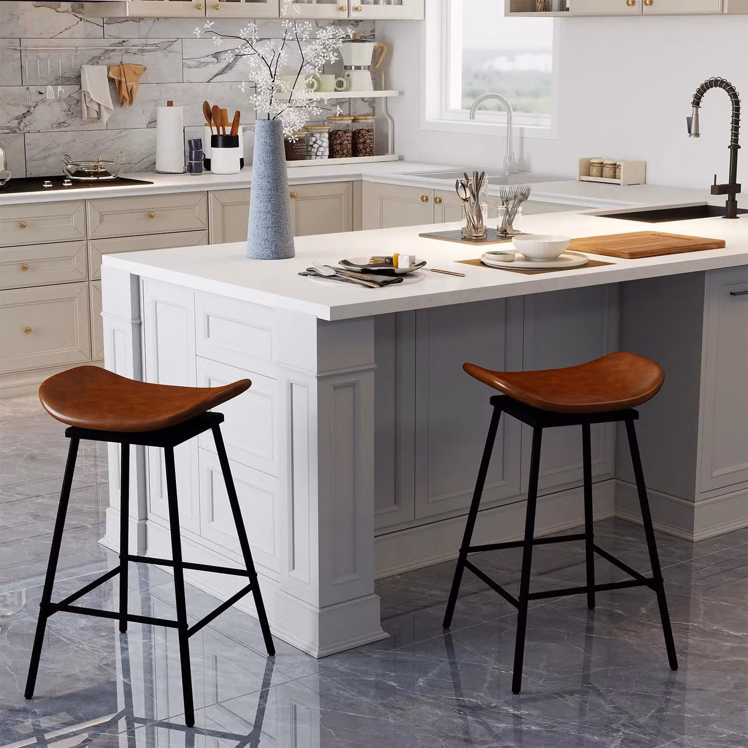 Costway Set of 2 Brown Faux Leather Swivel Barstools with Metal Frame – 4