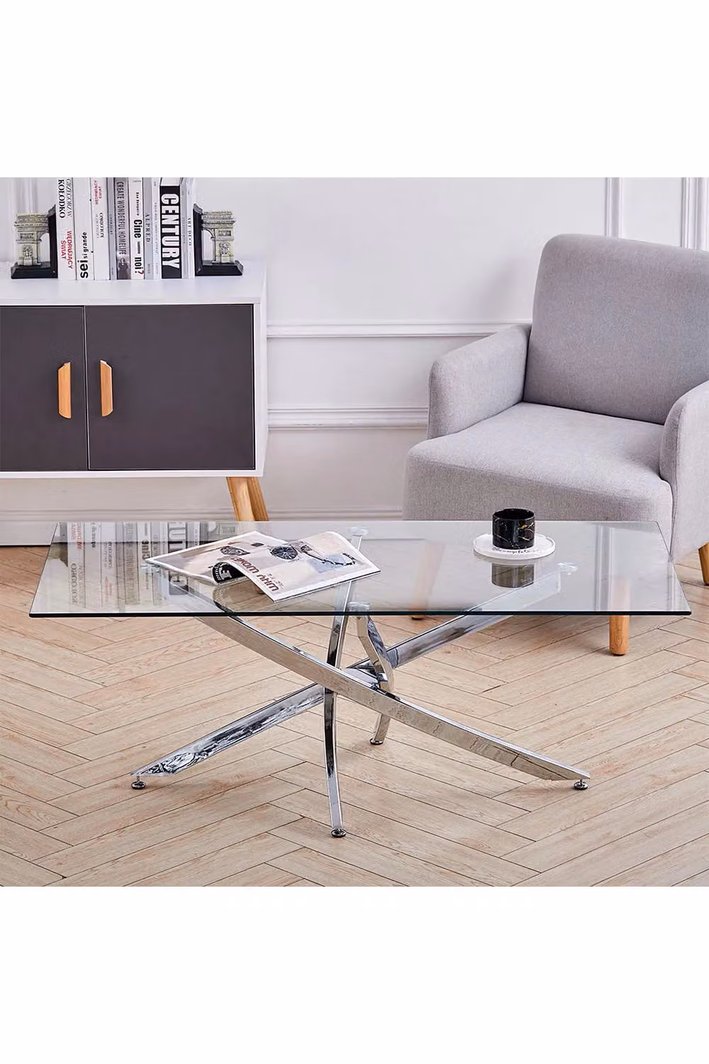 Living and Home Modern Rectangle Clear Tempered Glass Coffee Table with Chrome Legs, W: 120 cm, D: 60 cm, H: 40 cm – 2