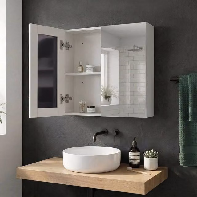 Wyld and Coco White Plywood Wall Mounted Mirror Cabinet with 2 Soft Close Glass Doors and Internal Shelves, W/D/H: 60 x 60 x 60 cm – 1