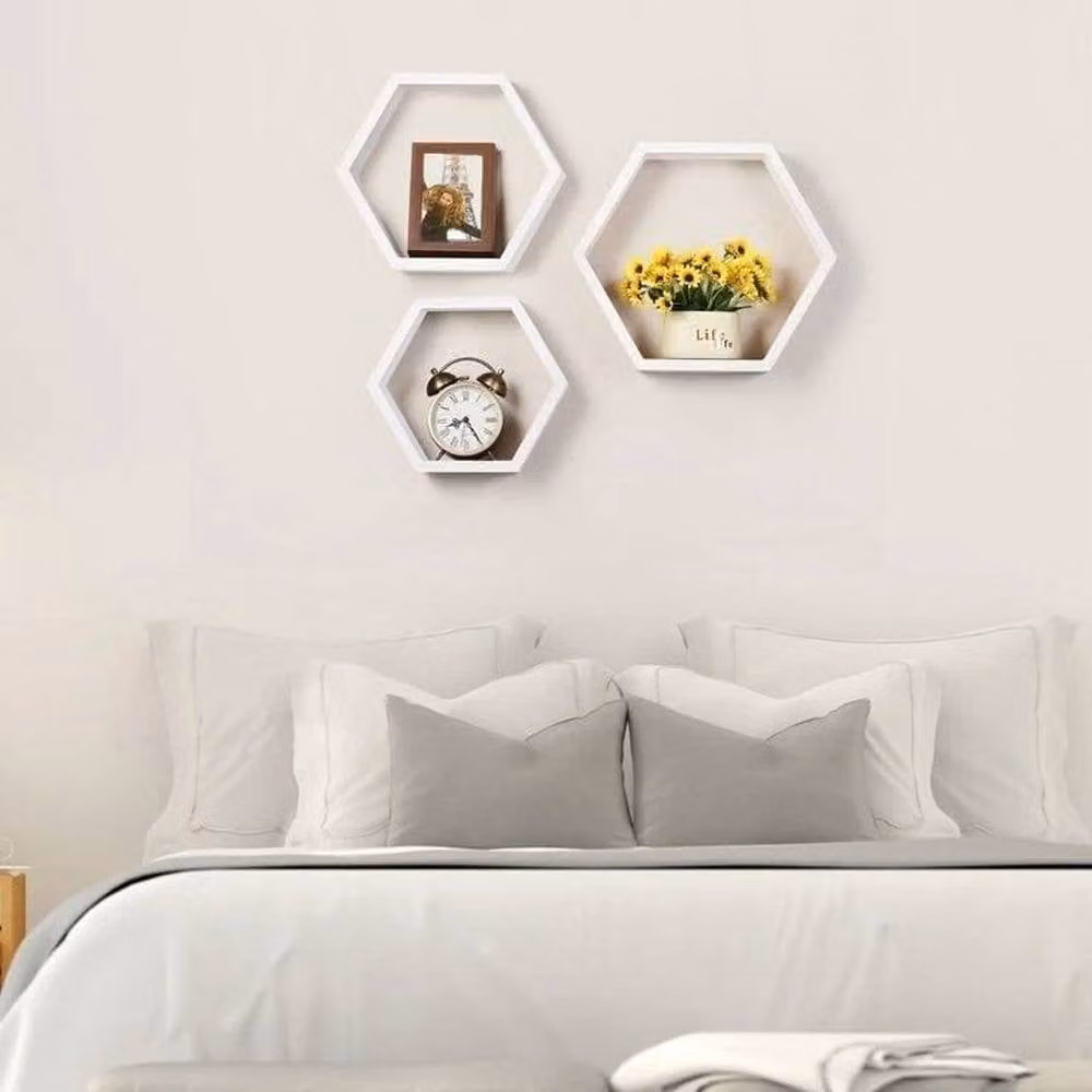 SPETLEK Set of 3 White Geometric Floating Wall Shelves with Grey Accents