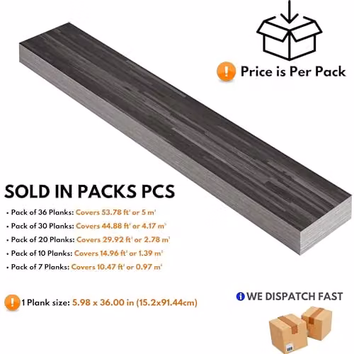 Novecrafto Self Adhesive Wood Effect Vinyl Floor Planks, Dark Grey, 7 Pcs, W: 91.4 cm, D: 15.2 cm – 6