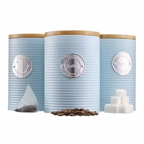 Cooks Professional 3 Piece Ribbed Stainless Steel Tea, Coffee and Sugar Canister Set with Airtight Bamboo Lids in Blue and Silver