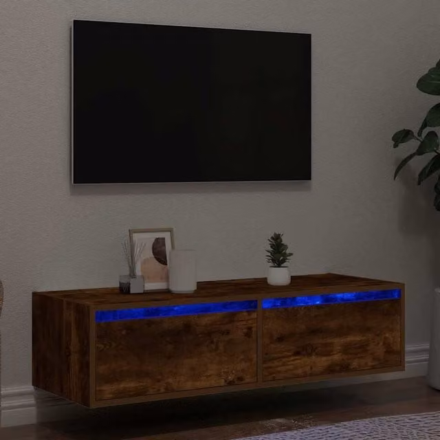Berkfield Home Modern Smoked Oak TV Cabinet with Integrated LED Lights in Brown, W: 100 cm, D: 35.5 cm, H: 25 cm – 1