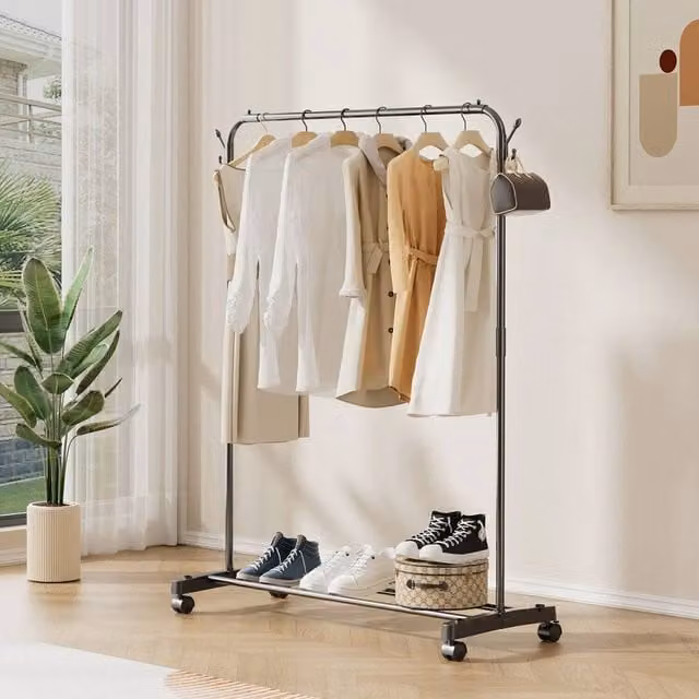 Havendro Metal Single Rail Clothes Garment Hanging Rack with Dual Hook and Rail Matrix in Matt Black, H 145 x W 120 cm