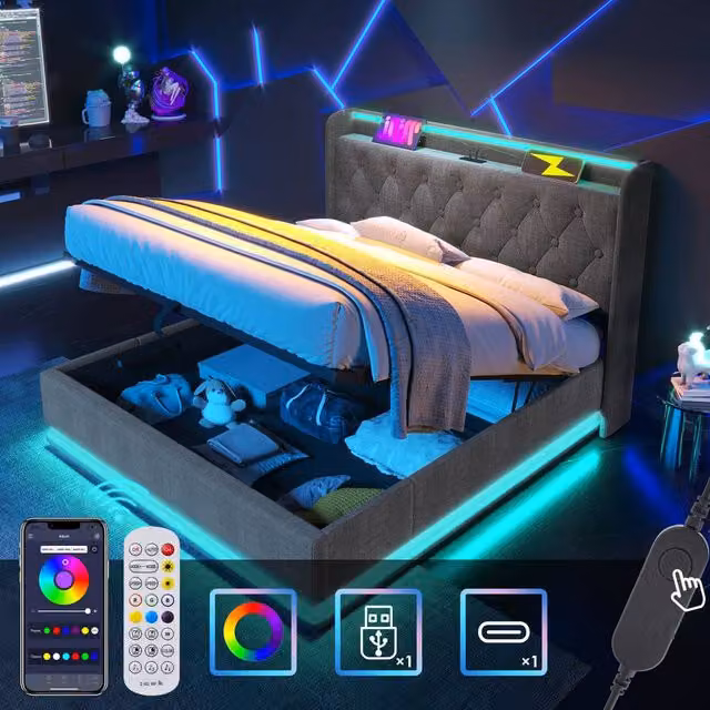 ModernLuxe Upholstered King Size Ottoman Storage Bed in Grey with Headboard, LED Under-Bed Lighting, USB Charging Port and Bedside Shelf, W/D/H: 180 x 200 x 162 cm