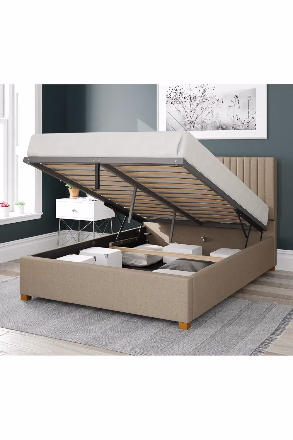 Aspire Grant Upholstered Ottoman Storage Bed in Beige Linen Fabric, W/D/H: 140 x 200 x 35 cm – 2