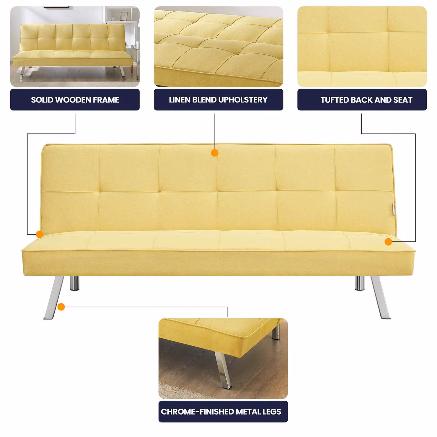Bravich LTD 3 Seater Click Clack Fabric Sofa Bed in Yellow – 2