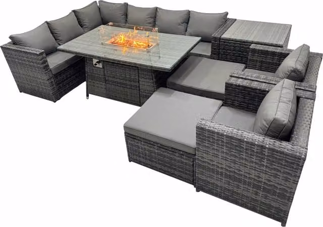 Fimous 10-Seater Rattan Garden Set with Gas Firepit Table, Corner Sofa and 2 Stools in Dark Grey