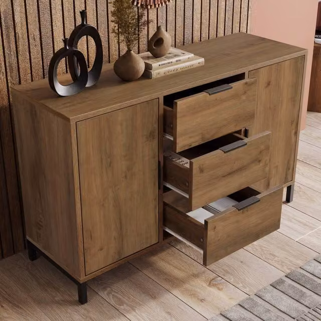 Matteo Industrial Oak Sideboard Cabinet in Dark Brown with 2 Doors and 3 Drawers, W: 120 cm, H: 76 cm, D: 40 cm – 1