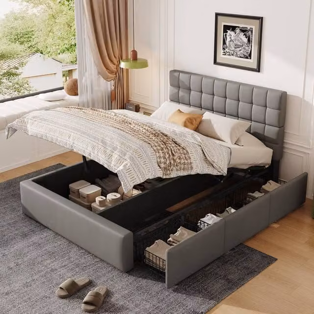 BTM Double Upholstered Hydraulic Storage Bed Frame with Drawers in Grey, W/D/H: 140 x 200 x 148 cm