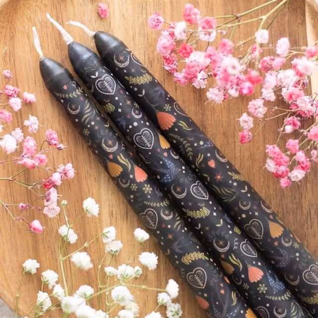 KDMK Set of 3 Black Midnight Print Taper Candles for Gothic Decor, Black