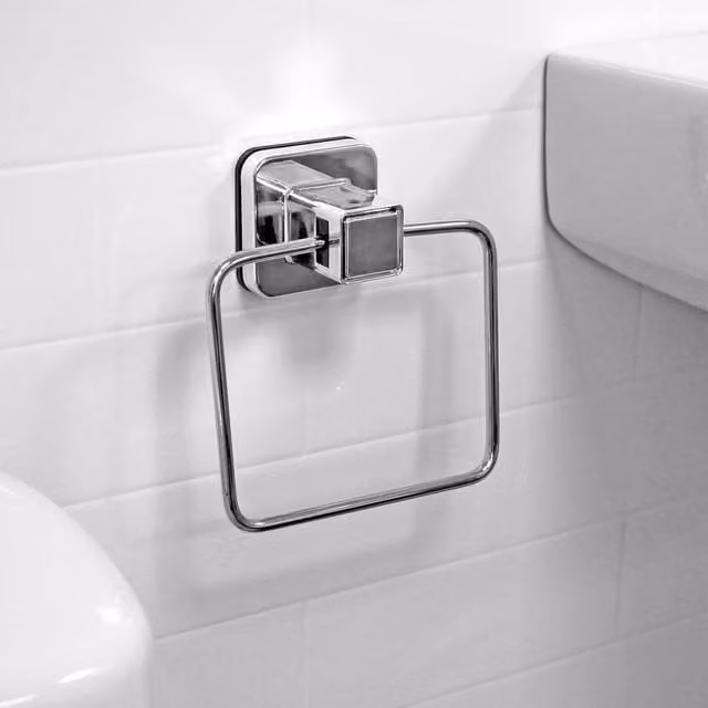 Showerdrape Pushloc Chrome Steel Suction Wall Mounted Towel Ring with Mounting Square in Silver