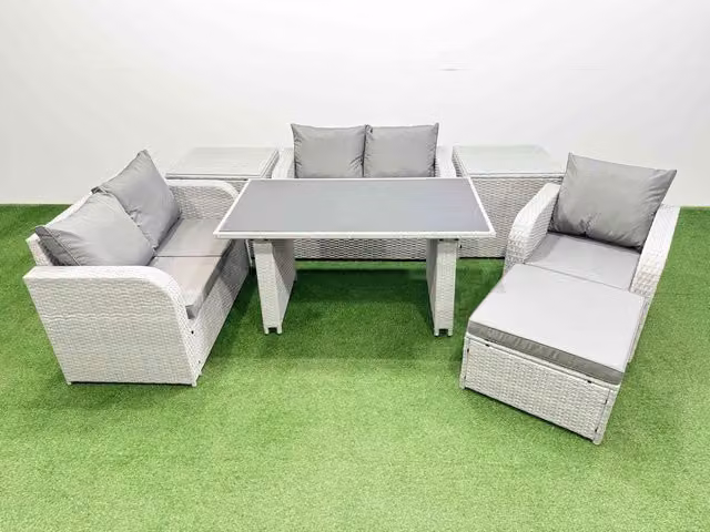 Fimous 6 Seater Outdoor Furniture Set in Light Grey with Love Sofa, Big Stool and 2 Side Tables