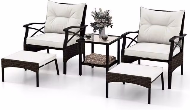 Gymax 5 Piece Dark Brown Polyrattan Patio Set with Armchairs, Coffee Table, Ottomans and Cushions – 1