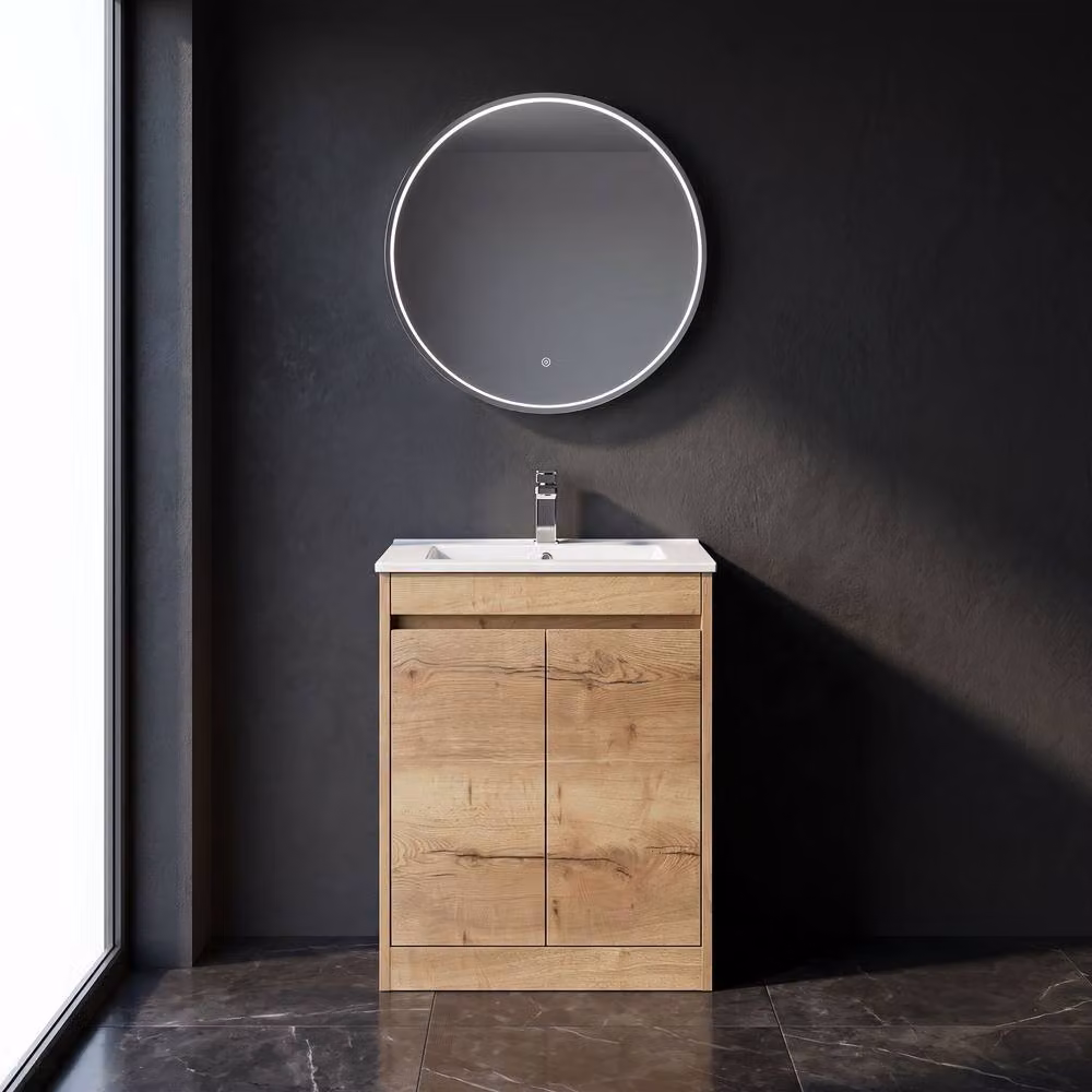 Balterley Modern 2 Door Freestanding Bathroom Vanity Unit with Basin and LED Lighting in Autumn Oak Brown, W/D/H: 62.0 x 39.5 x 83.5 cm – 3