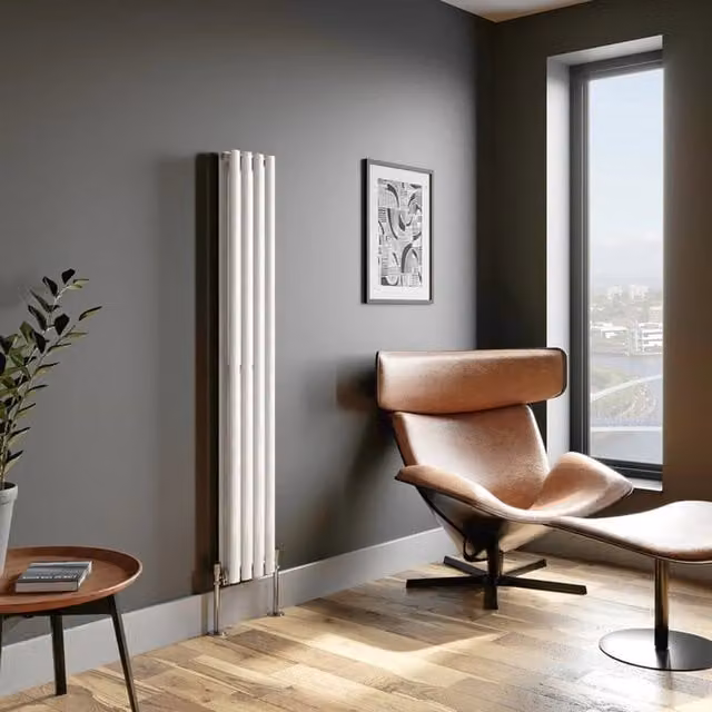 Temprazo Vertical Oval Tube Double Panel Designer Radiator in White, H: 180 cm, W: 48 cm, D: 24 cm