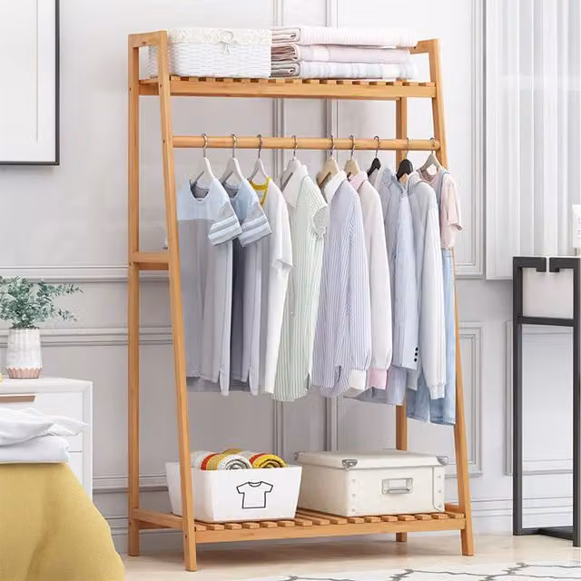 Komore Minimalist Brown Wood Clothes Rail with Continuous Linear Rail