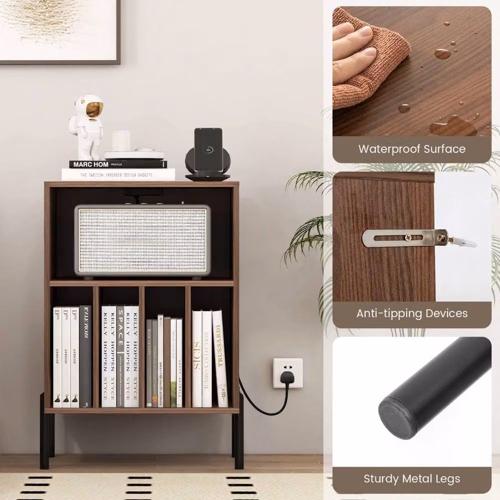 Costway Vinyl Record Player Stand with Integrated Charging Station in Walnut – 3