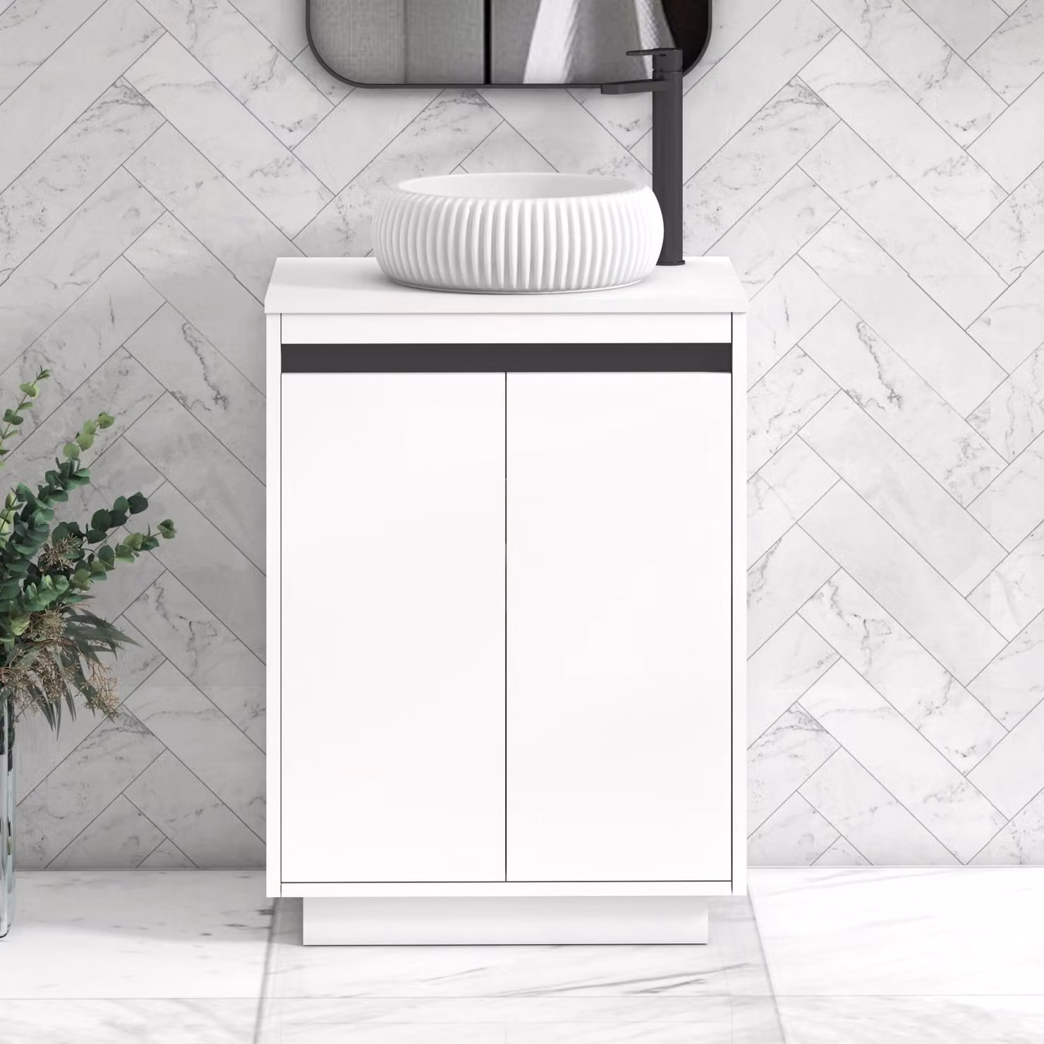 Royal Bathrooms Orion 600mm Matt White Floor Standing 2 Door Vanity Unit with Milan Basin and Black Accent Trim