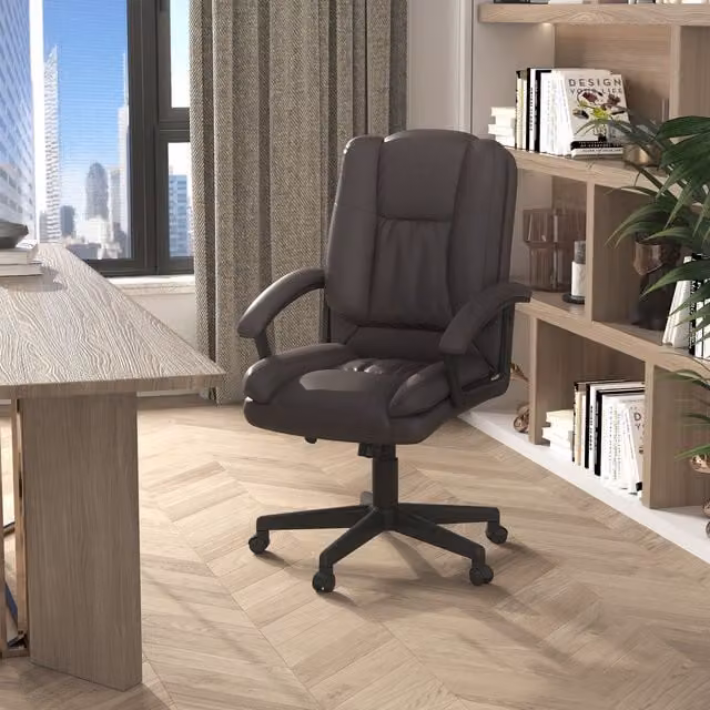 HOMCOM Brown PU Leather Mid Back Swivel Executive Office Chair with Armrests – 1