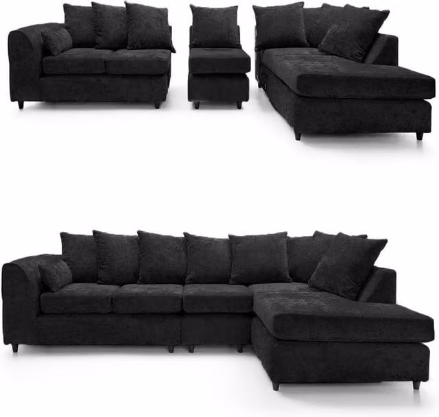 Furnishings For Less UK Monaco Black Chenille Fabric Large 5 Seater L Shaped Right Hand Facing Corner Sofa