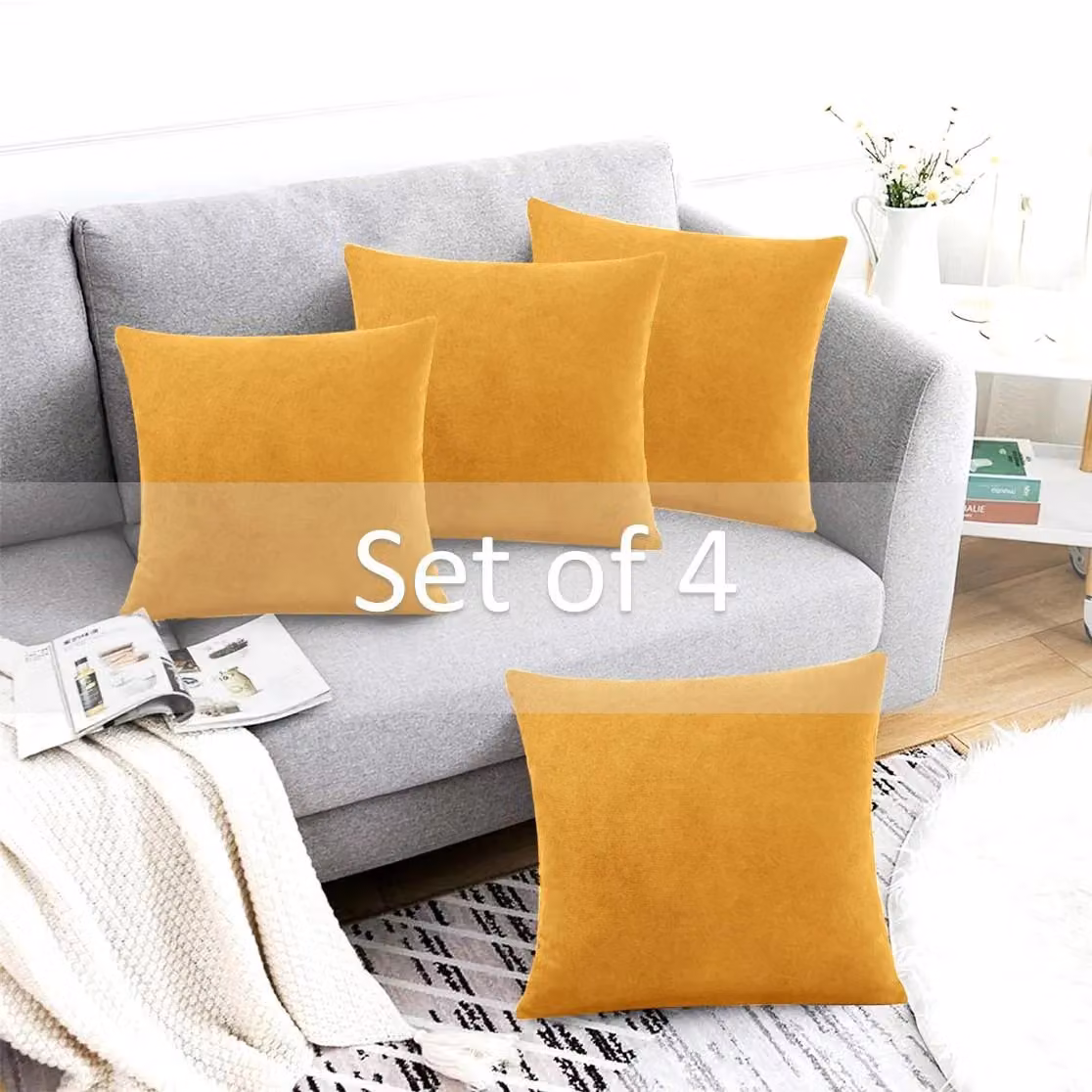 Luxor Living Set of 4 Yellow Velvet Chenille Square Cushions with Removable Covers, W/D/H: 45 x 45 x 45 cm – 2