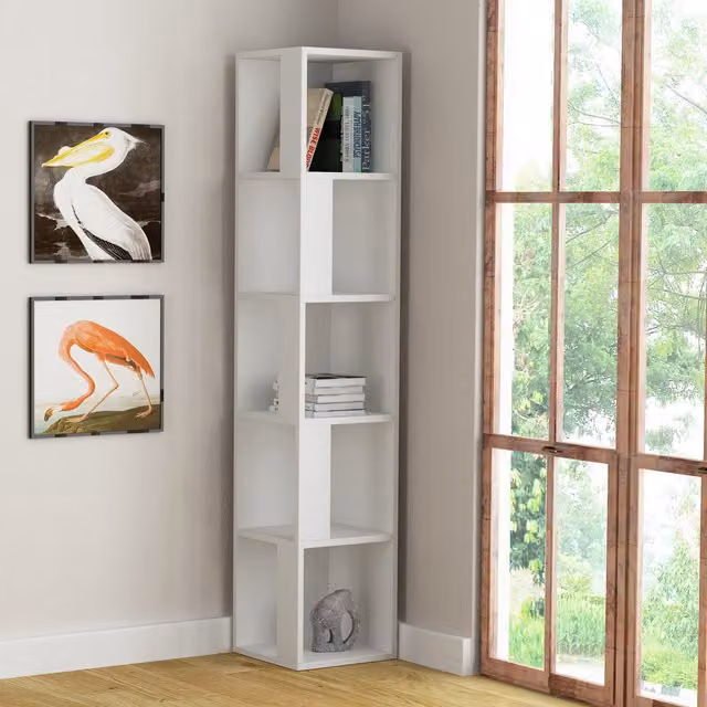 Decortie Modern 5-Tier Corner Bookcase Shelving Unit in White