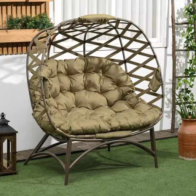 Outsunny 2 Seater Outdoor Egg Chair with Cushions and Cup Holders in Khaki