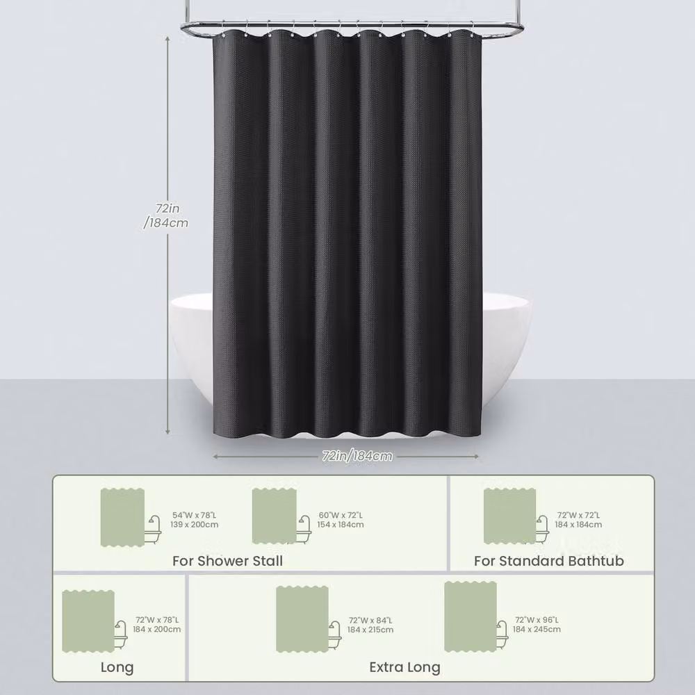 INHOUSOLU Black Waffle Weave Polyester Shower Curtain with Weighted Hem and Hooks, Width: 184 cm – 4