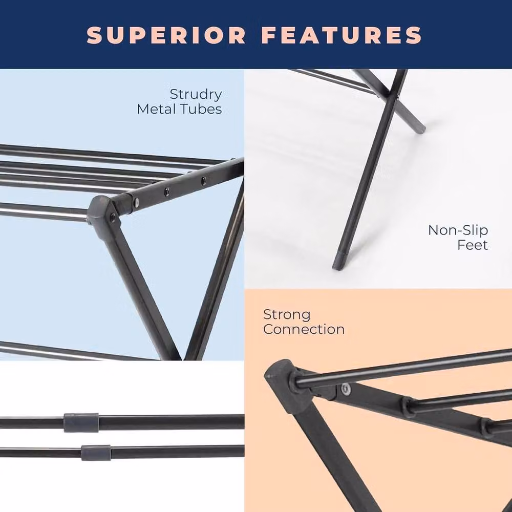 FLAVORA Heavy Duty 3 Tier Foldable Clothes Airer Dryer in Black Coated Steel – 4