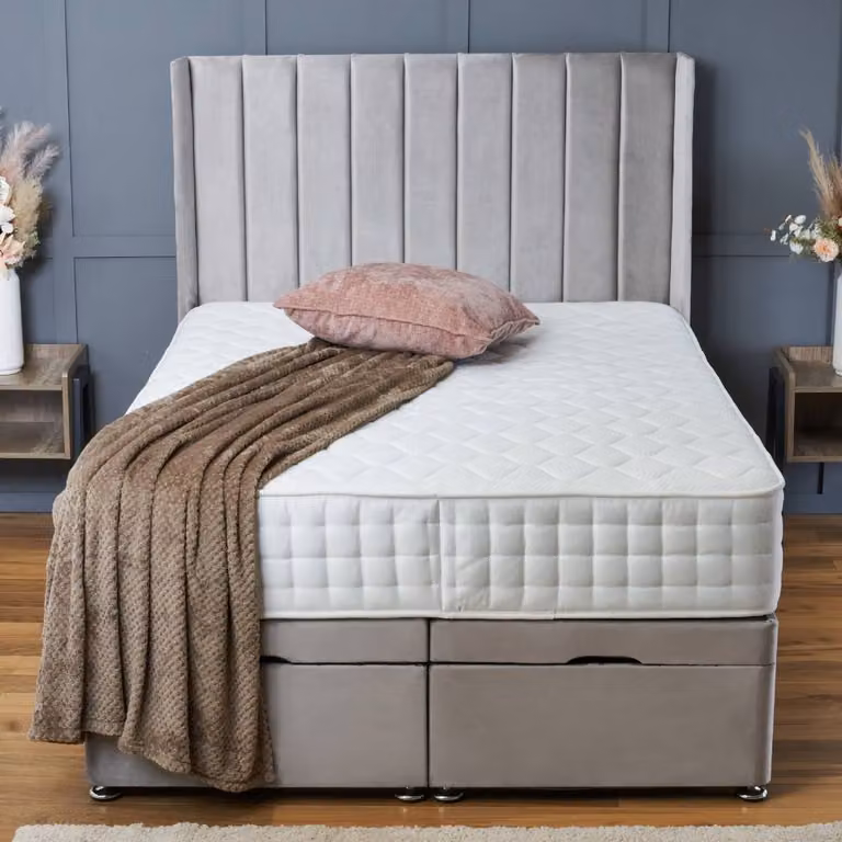 BSSPOKE Hannah Ottoman Divan Bed with 54 inch Headboard and Mattress in Pink Plush Velvet, W/D/H: 140 x 200 cm