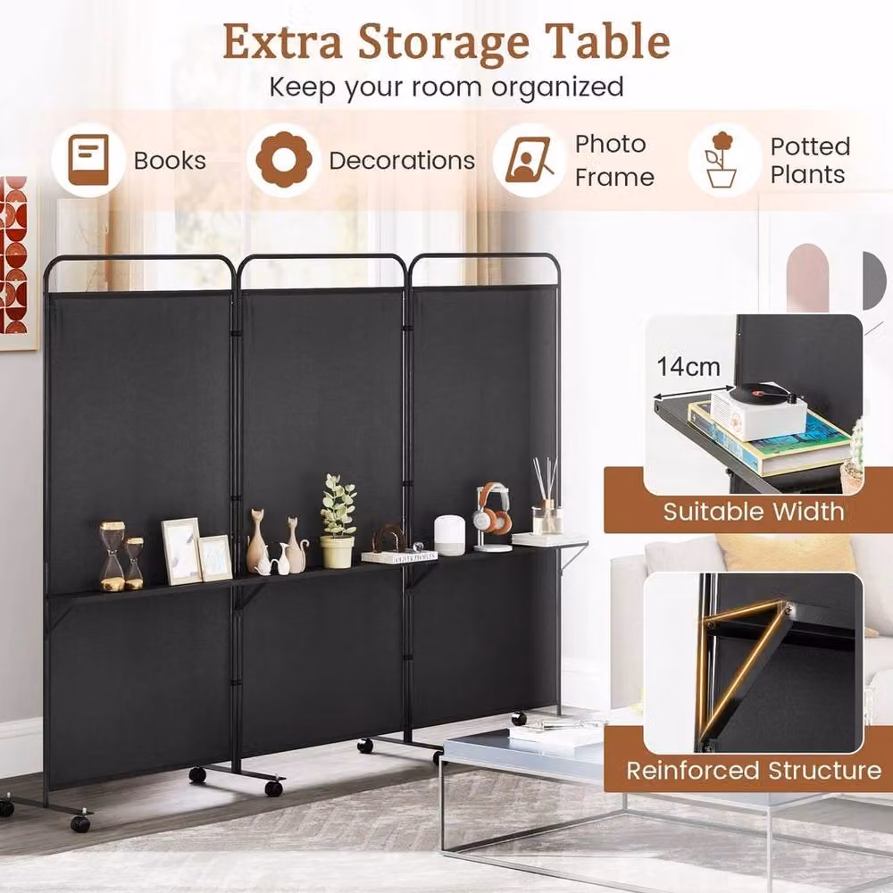 VOGREX Costway Black 3-Panel Rolling Folding Privacy Room Divider, Height: 188 cm – 4