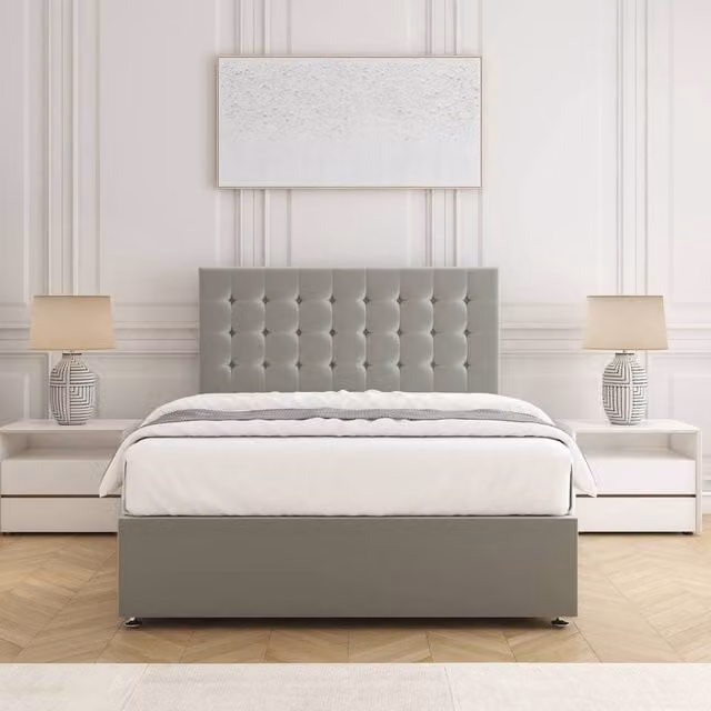 BSSPOKE Maria Velvet Plush Divan Bed Set with 24 inch Headboard and Mattress in Silver Grey, W/D/H: 180 x 200 cm