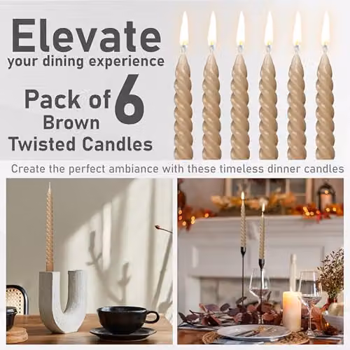 Deco Express Non-Drip Twisted Unscented Dinner Candles, Brown, Pack of 6 – 4