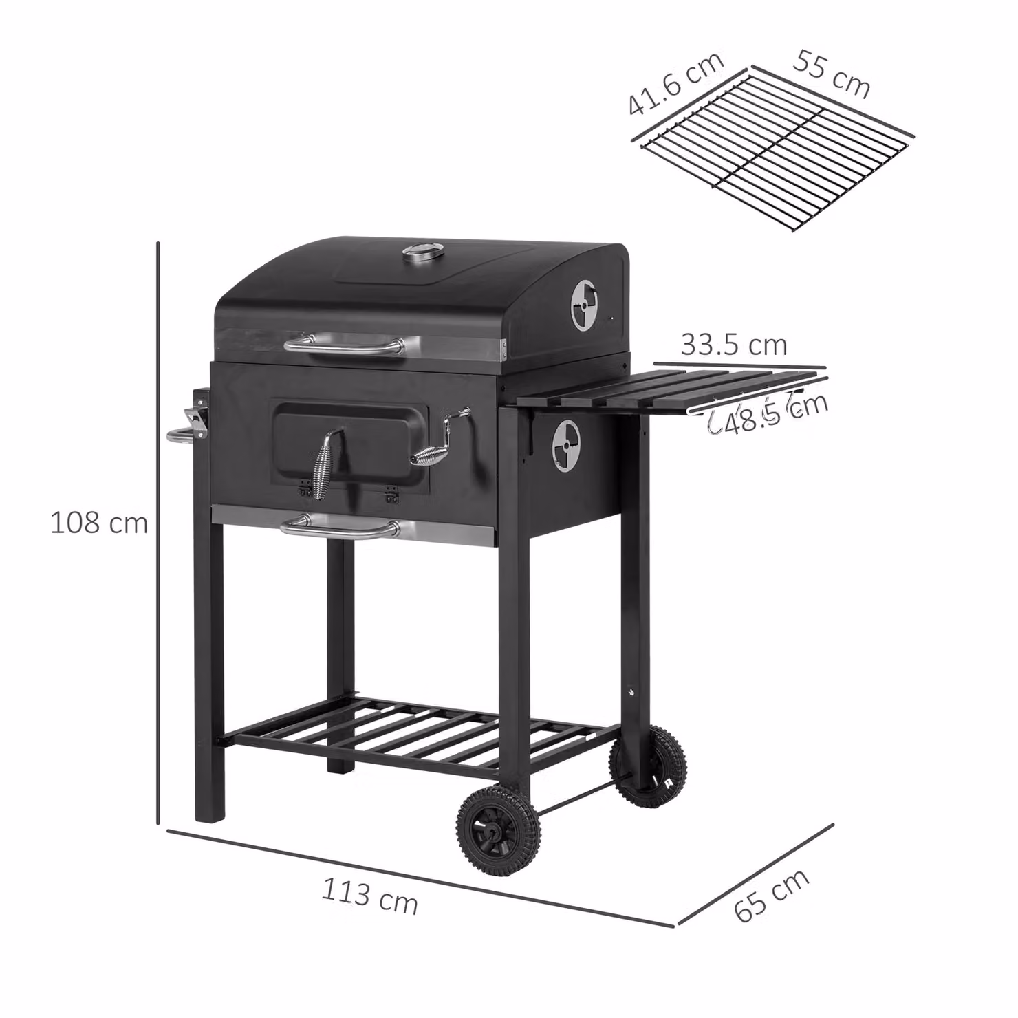 OUTSUNNY Black Steel Charcoal BBQ Trolley with Thermometer and Wheels, W/D/H: 113 x 65 x 108 cm – 3