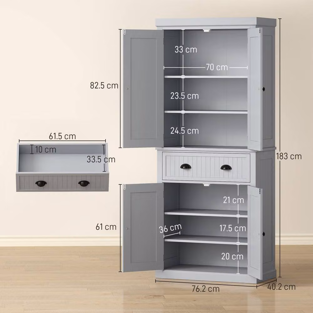 HOMCOM Tall Grey Kitchen Pantry Cabinet with Internal Shelves and Drawers – 3