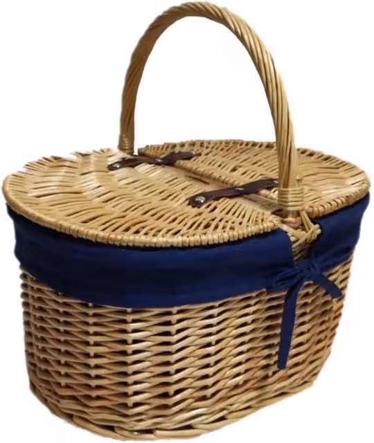 Red Hamper Oval Lidded Wicker Picnic Shopping Basket with Navy Blue Lining in Brown and Blue – 1