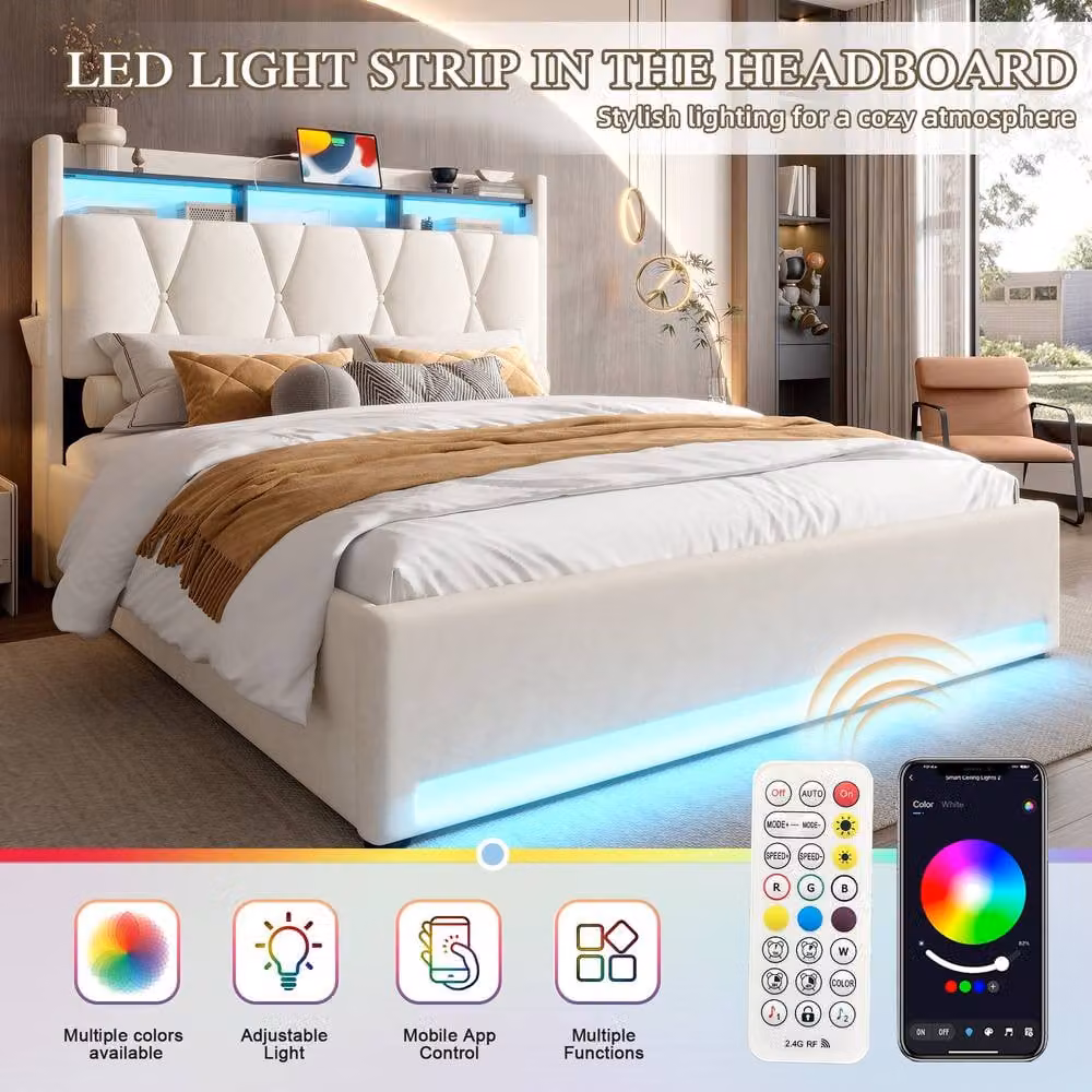 Direct Wicker Beige Upholstered King Storage Bed with LED Lighting and USB Type-C, W/D/H: 150 x 200 cm – 3