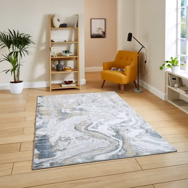 Terrys Modern Abstract Machine Woven Rectangular Rug in Silver, Beige and Multicolour