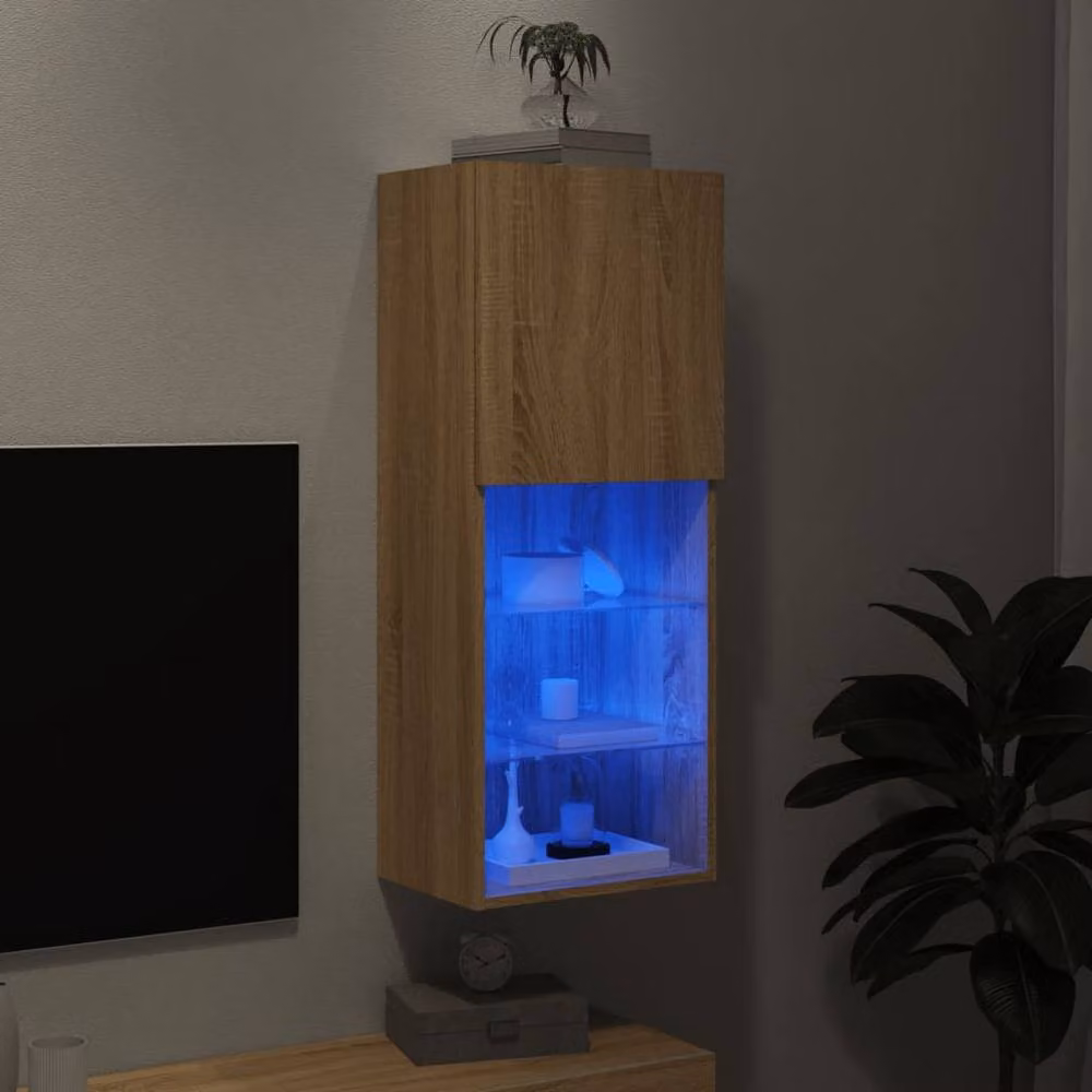Berkfield Home TV Cabinet with LED Lights in Sonoma Oak and Light Tan, W/D/H: 40.5 x 30 x 102 cm – 4