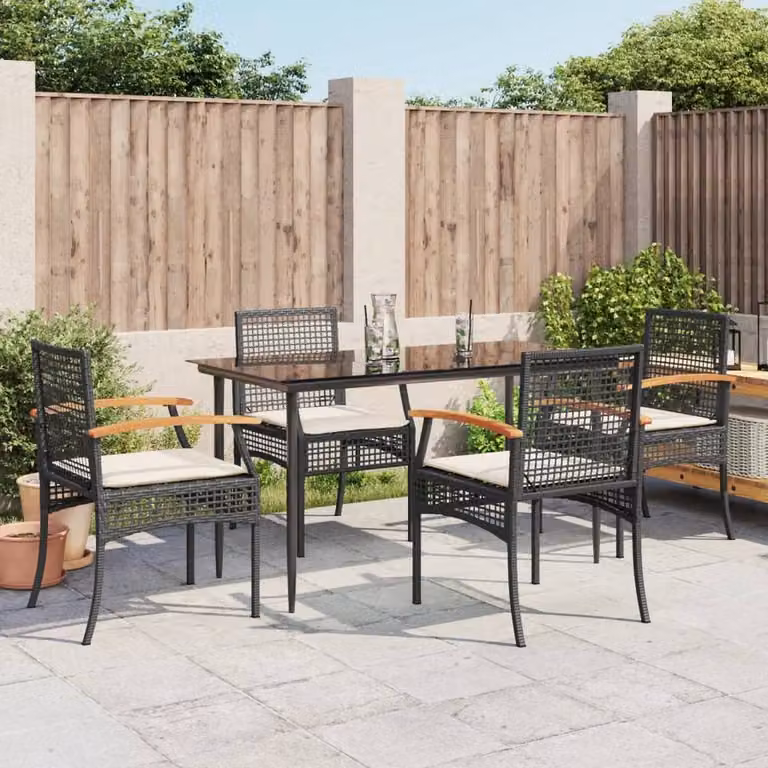 Berkfield Home 5 Piece Black Poly Rattan Garden Dining Set with Cushions