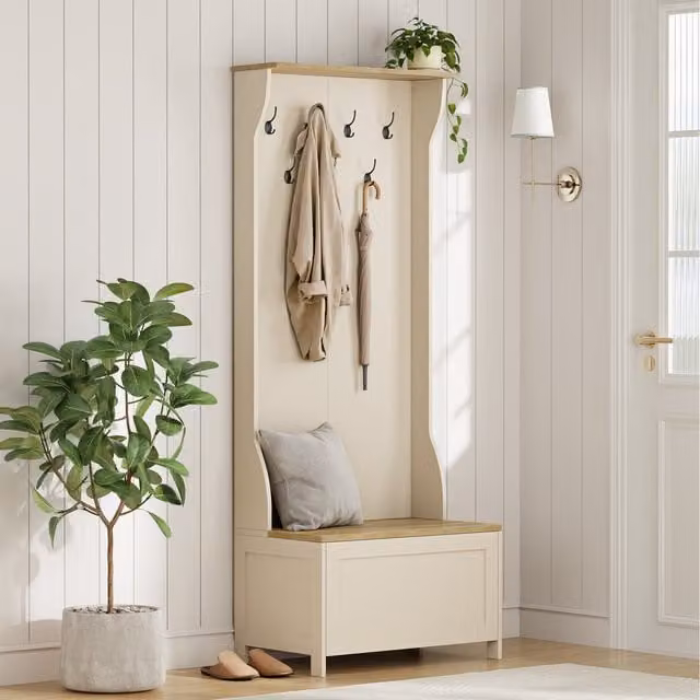 VonHaus Hall Tree with Shoe Storage Bench and Coat Stand in White Matt