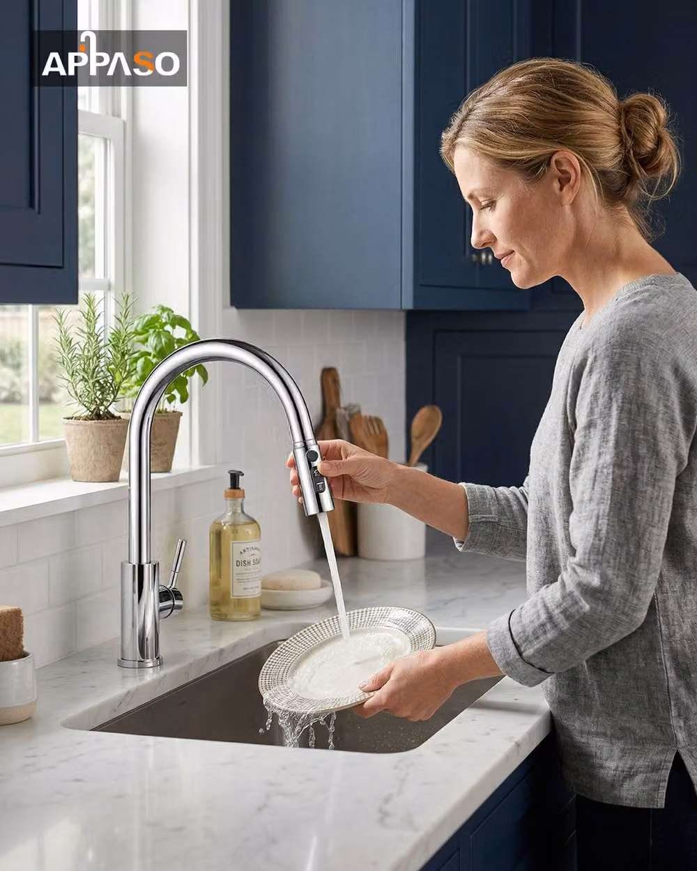 Appaso Chrome Kitchen Mixer Tap with Single Lever and Pull Out Spray Spout in Metallic Silver – 4