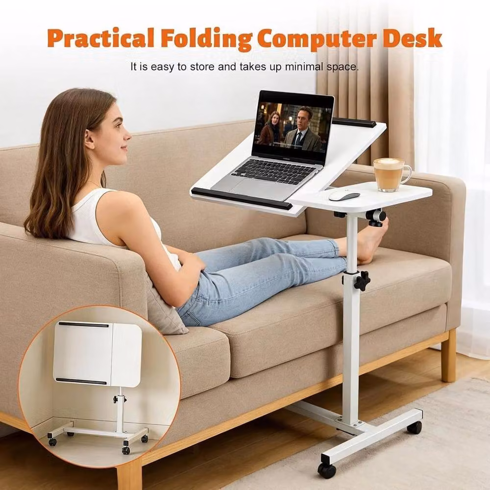 FORGEVIO White Height Adjustable Mobile Over Bed Table with Tilting and Rotating Top – 3