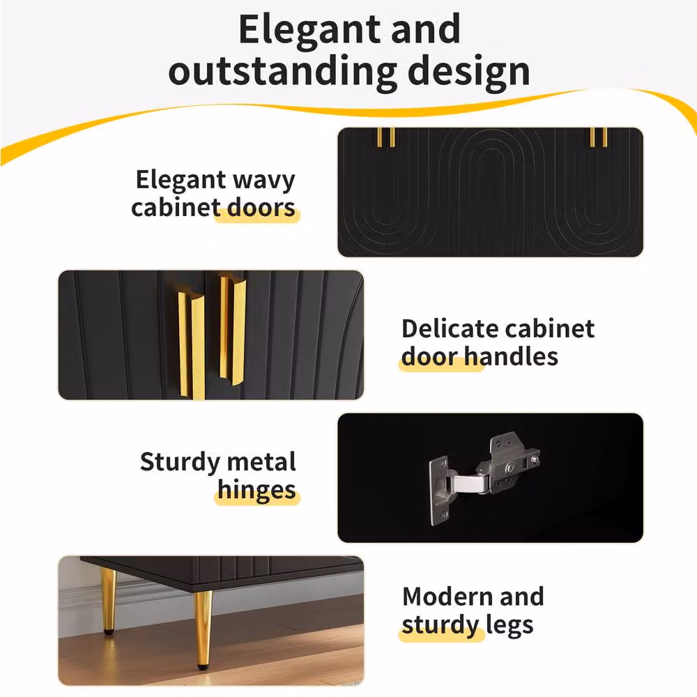 Rolipo Modern Black Sideboard with Gold Accents and Abstract Wave Design, Width: 152 cm – 4