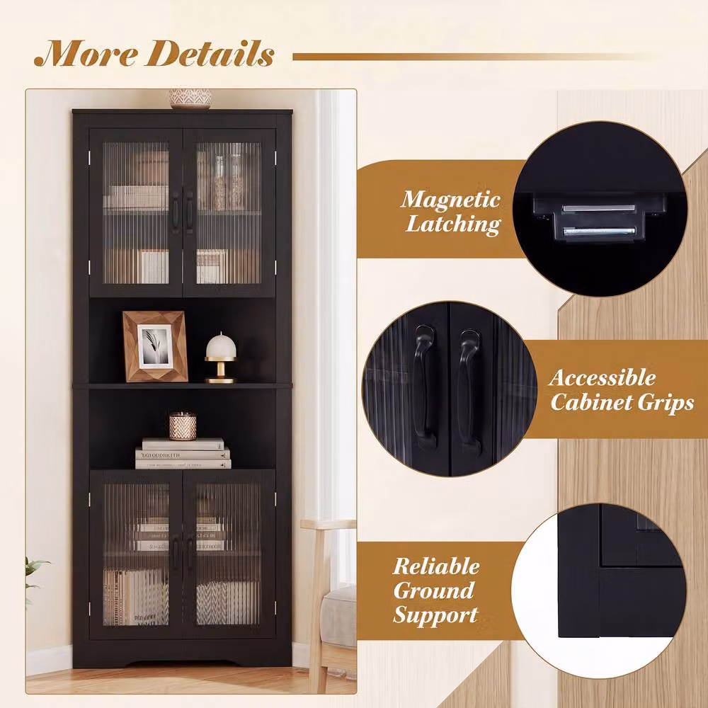 Costway 6-Tier Corner Storage Cabinet with 4 Glass Doors, Black – 6