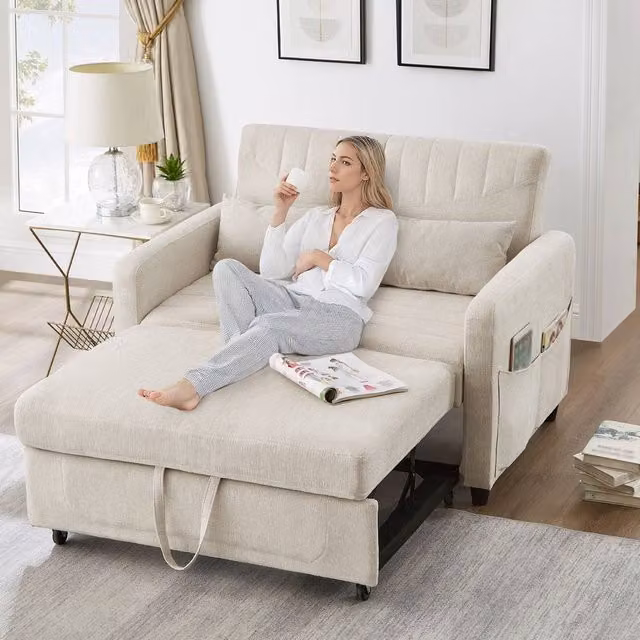BTM 2 Seater Convertible Sofa Bed in Beige with Pull Out Frame and Adjustable Headrest