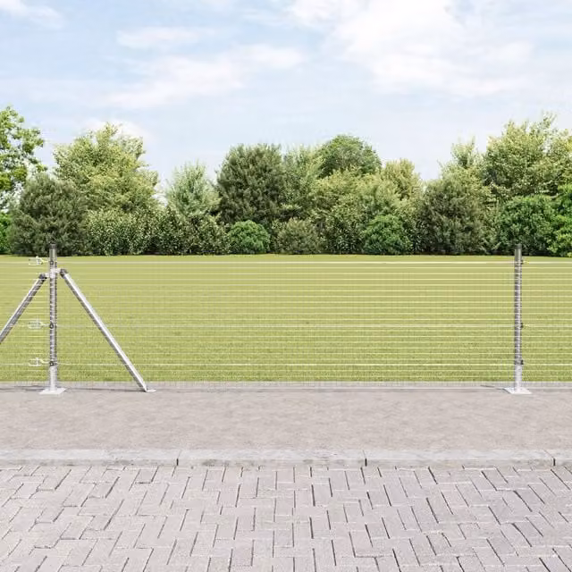 Berkfield Home Welded Wire Fence with 13 Flanged Posts, Galvanised Steel, Silver