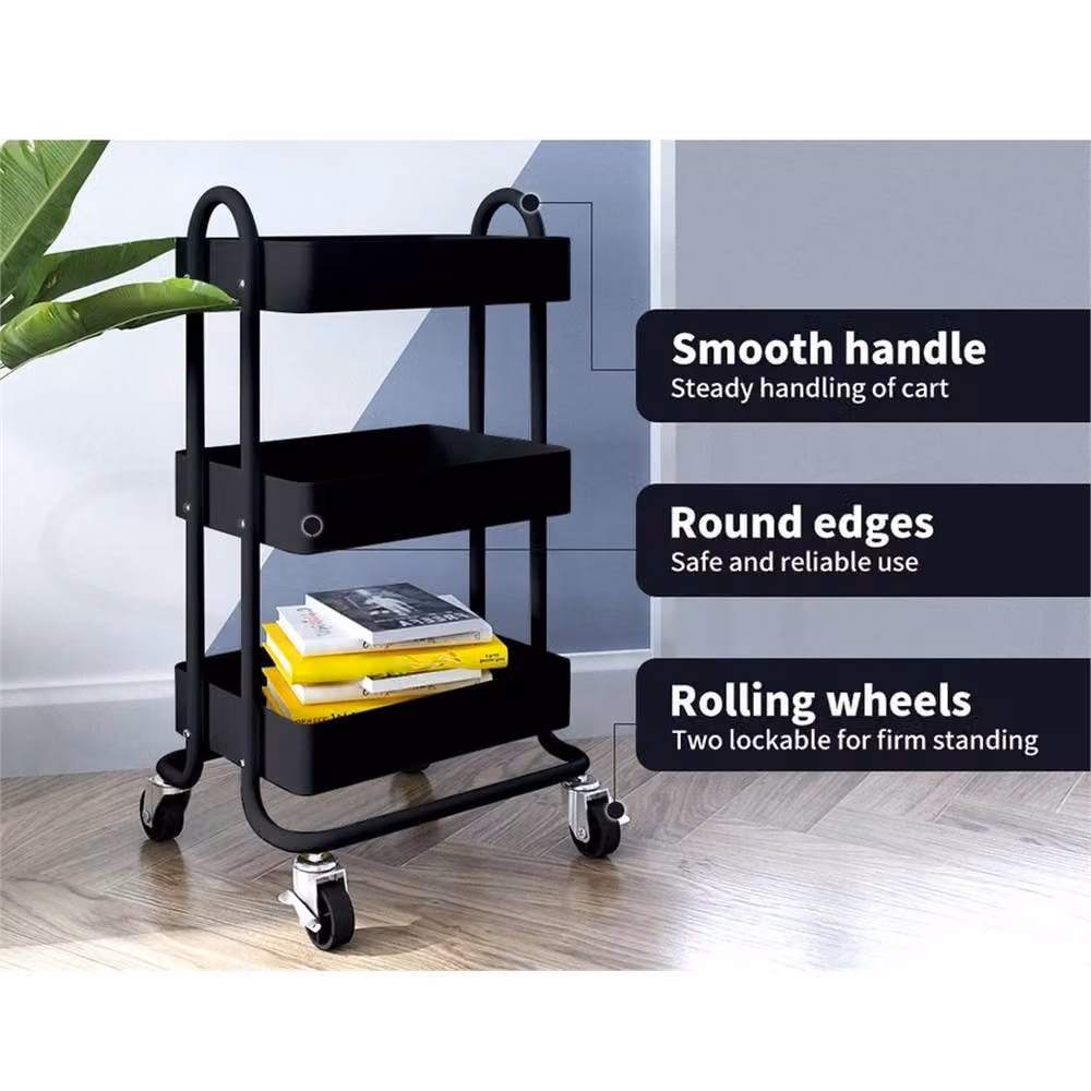Nordara Black 3-Tier Metal Kitchen Trolley Cart with Rolling Storage Shelves – 6